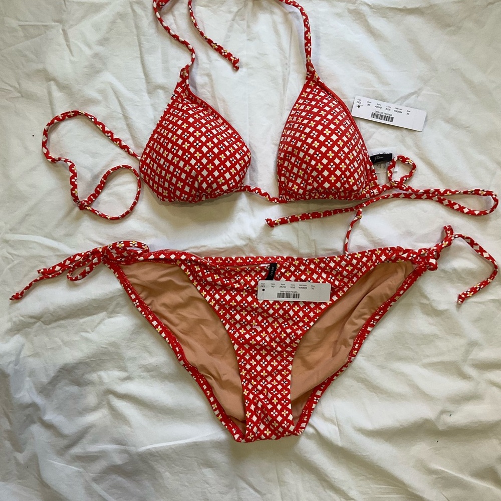 J. Crew Red and White Floral Bikini Top